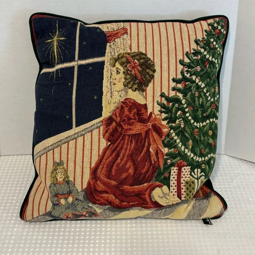 Vintage Newport Tapestry Holiday Accent Pillow Victorian Girl Christmas Tree
